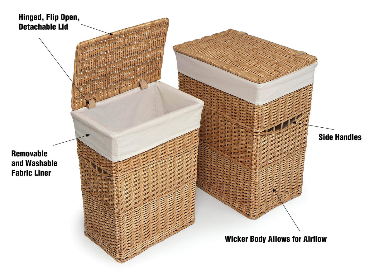 Badger Basket Wicker Two Hamper Set with Liner – Removable Liner, Nesting Hampers for Laundry and