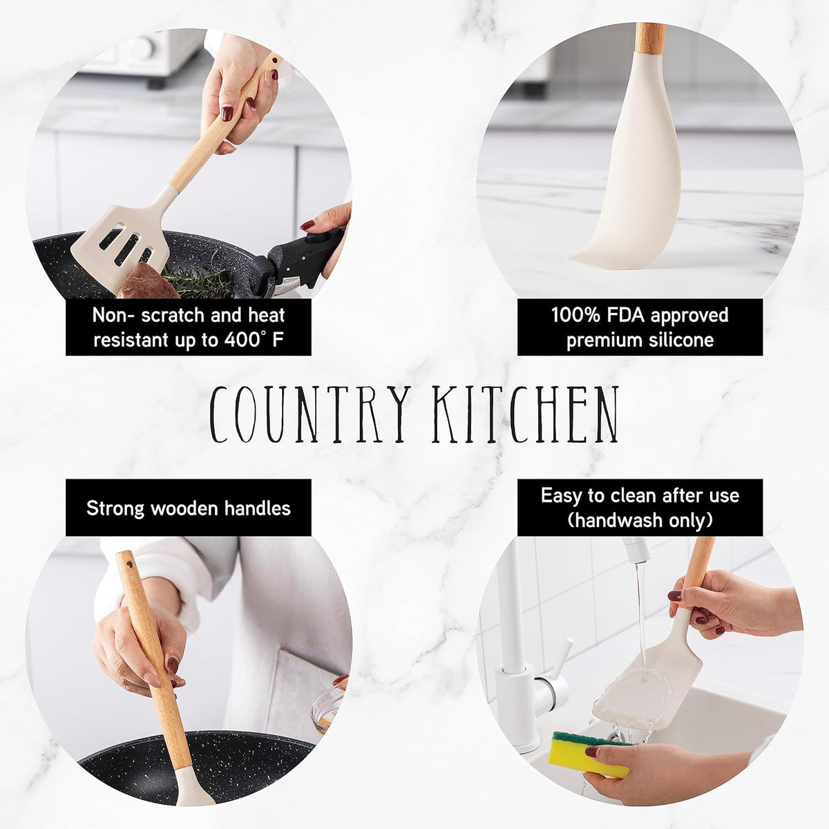 Country Kitchen Non Stick Silicone Utensil Set with Rounded Wood Handles for Cooking and Baking, 14