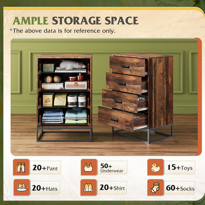WLIVE Wood Dresser for Bedroom with 4 Drawers, Tall Dresser with Sturdy Metal Frame, Wooden Chest