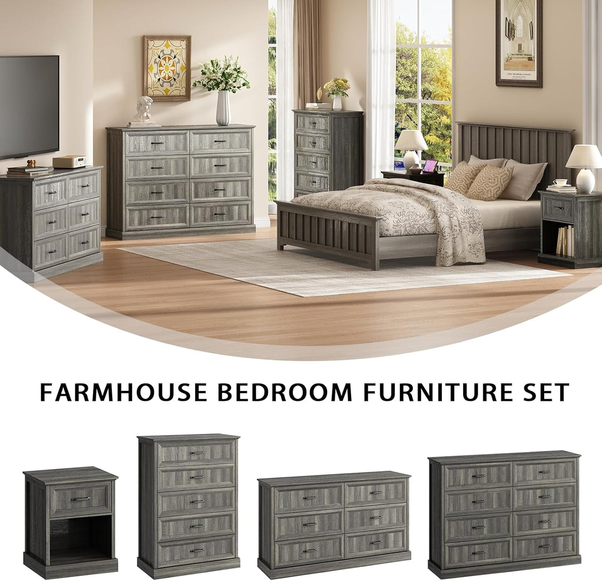 CARPETNAL Farmhouse 8 Drawer Dresser for Bedroom, 55 Inch Wide Modern Grey Dresser TV Stand with