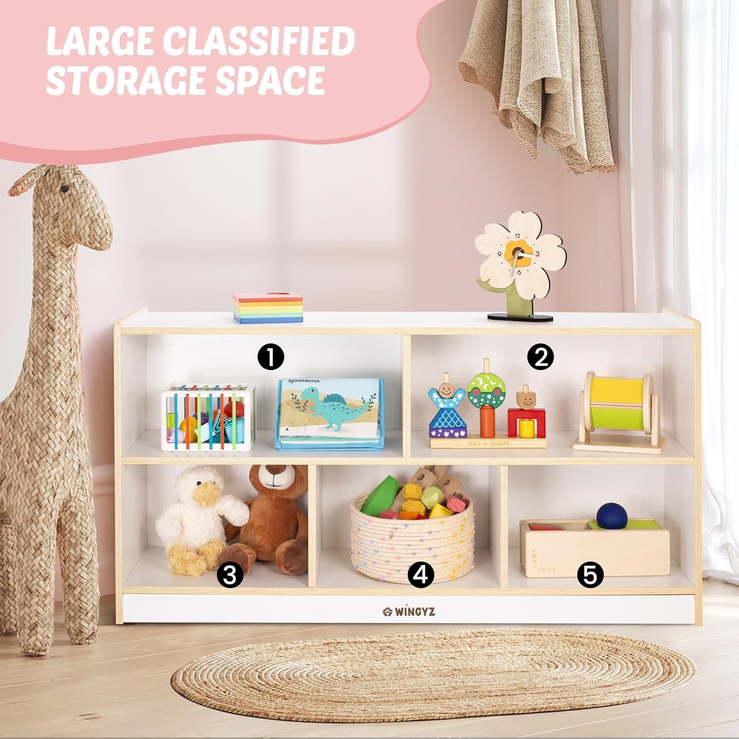 Toy Storage Organizer for Kids, 5-Compartment Wooden Storage Cabinet, Children Bookcase and