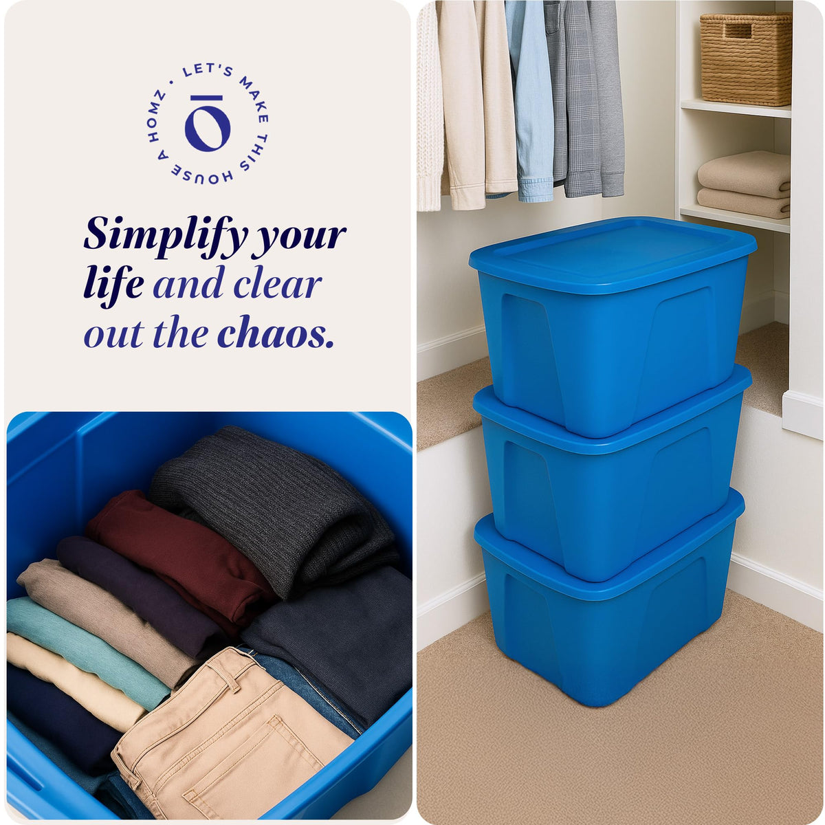 HOMZ 4-Pack Durable Molded Bin, Plastic Storage Containers w/Lids, 18 Gallon, Blue - Stackable