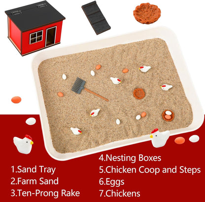 CypherX Chicken Zen Garden Sand Tray Therapy Kit with Miniature Chicken Coop, Hen Figurines Mini