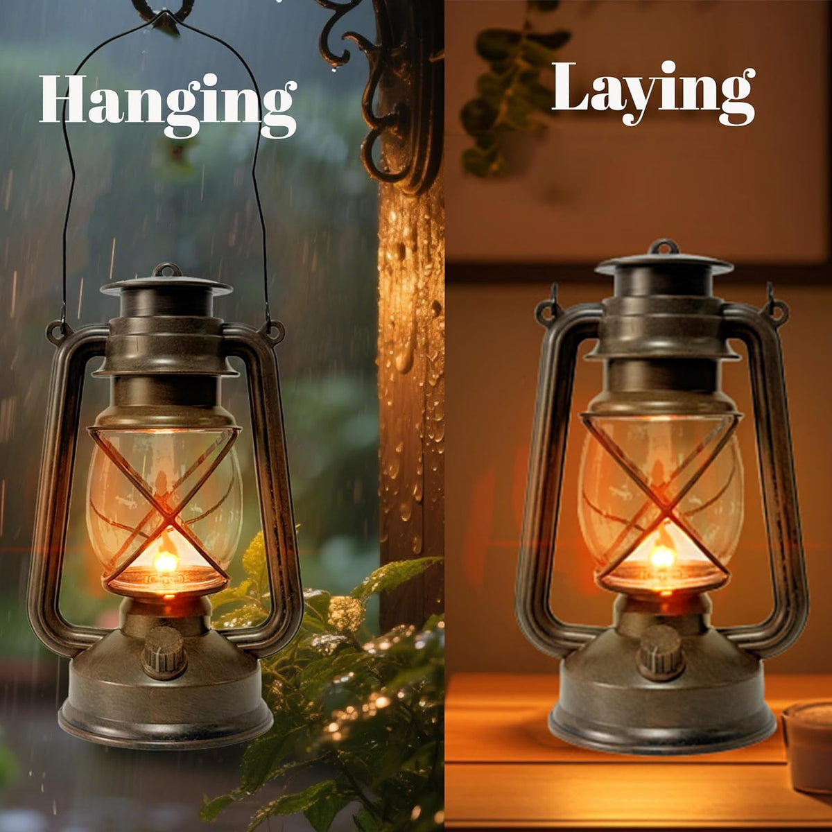 Vintage LED Outdoor Lantern Battery Powered Lanterns with Flame Wick Waterproof Camping Lamp
