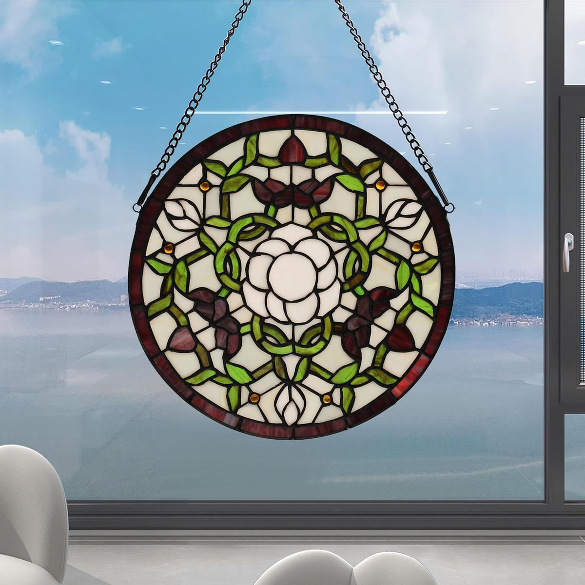 Handcrafted Stained Glass Window Panel - 12-Inch Round Floral Design with Vibrant Colors, Elegant