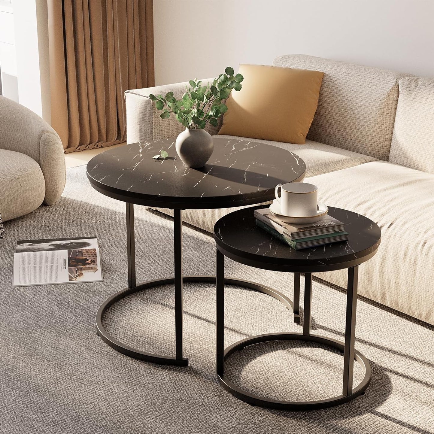 aboxoo Round Nesting Coffee Table Side Set of 2 End Tables for Living Room Bedroom Balcony,Black