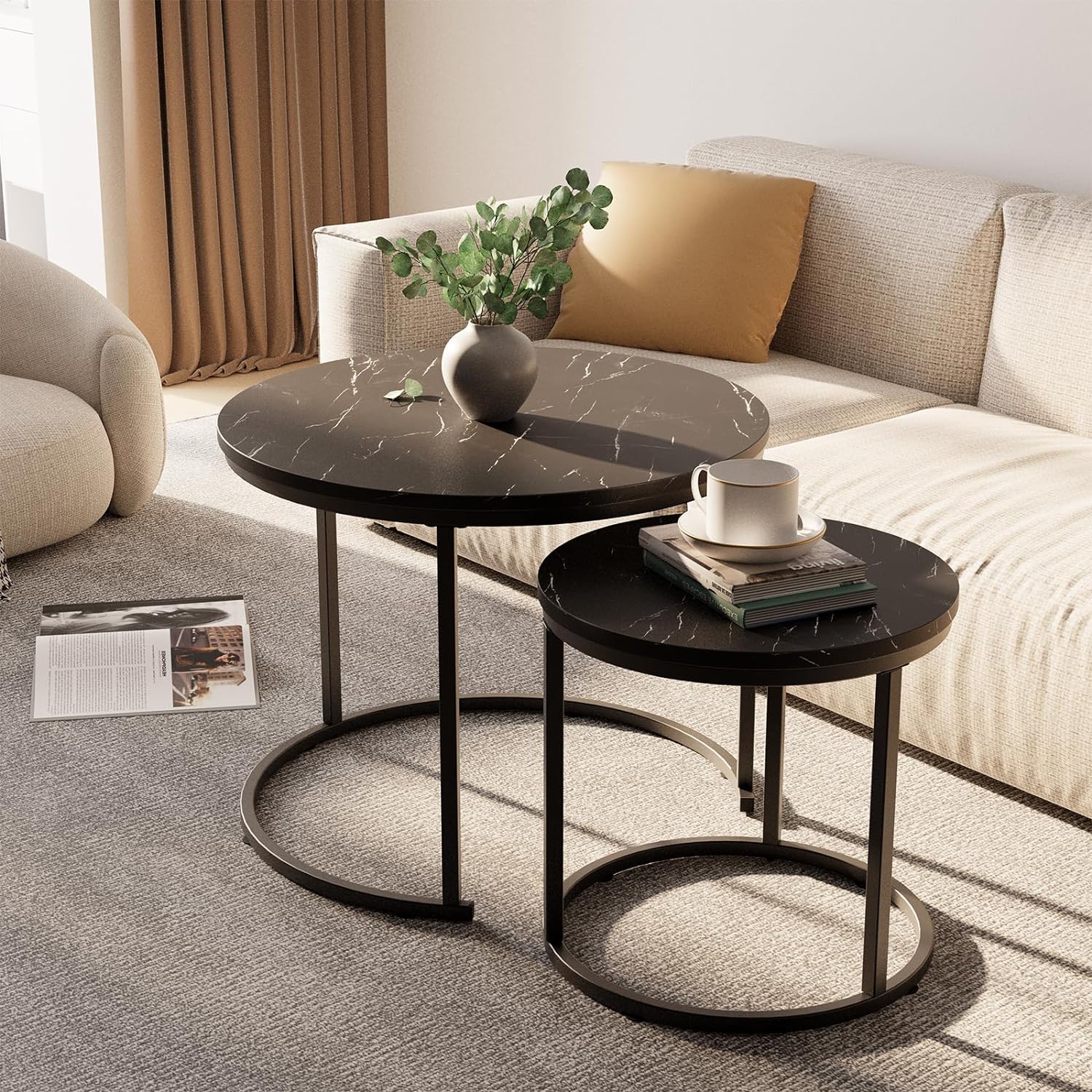 aboxoo Round Nesting Coffee Table Side Set of 2 End Tables for Living Room Bedroom Balcony,Black