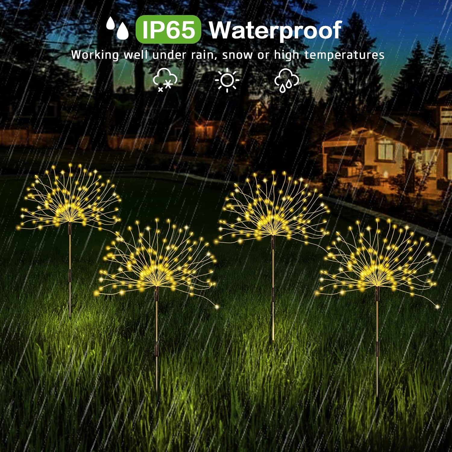 Solar Outdoor Warm White Garden Lights, 4 Pack Firework With 120 LED Starburst String 8 Modes Fairy
