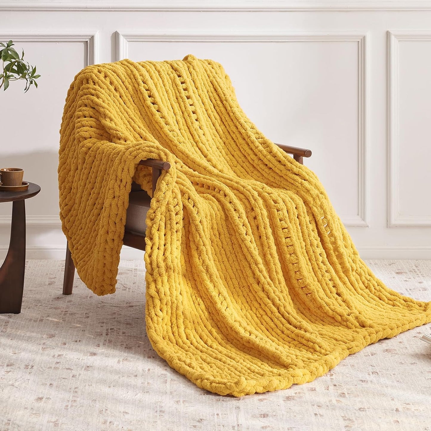 Chunky Knit Throw Blanket, 60''*80'' Knitted Throw Chenille Yarn for Bed Couch, Handmade Yellow
