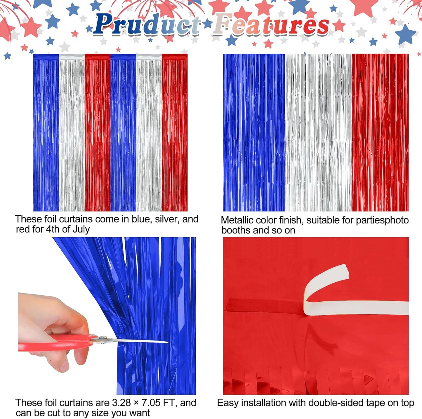 2 Pack 4th of July Party Supplies, 3.28 FT x 7.05 FT 4th of July Tinsel Backdrop, Blue Silver Red