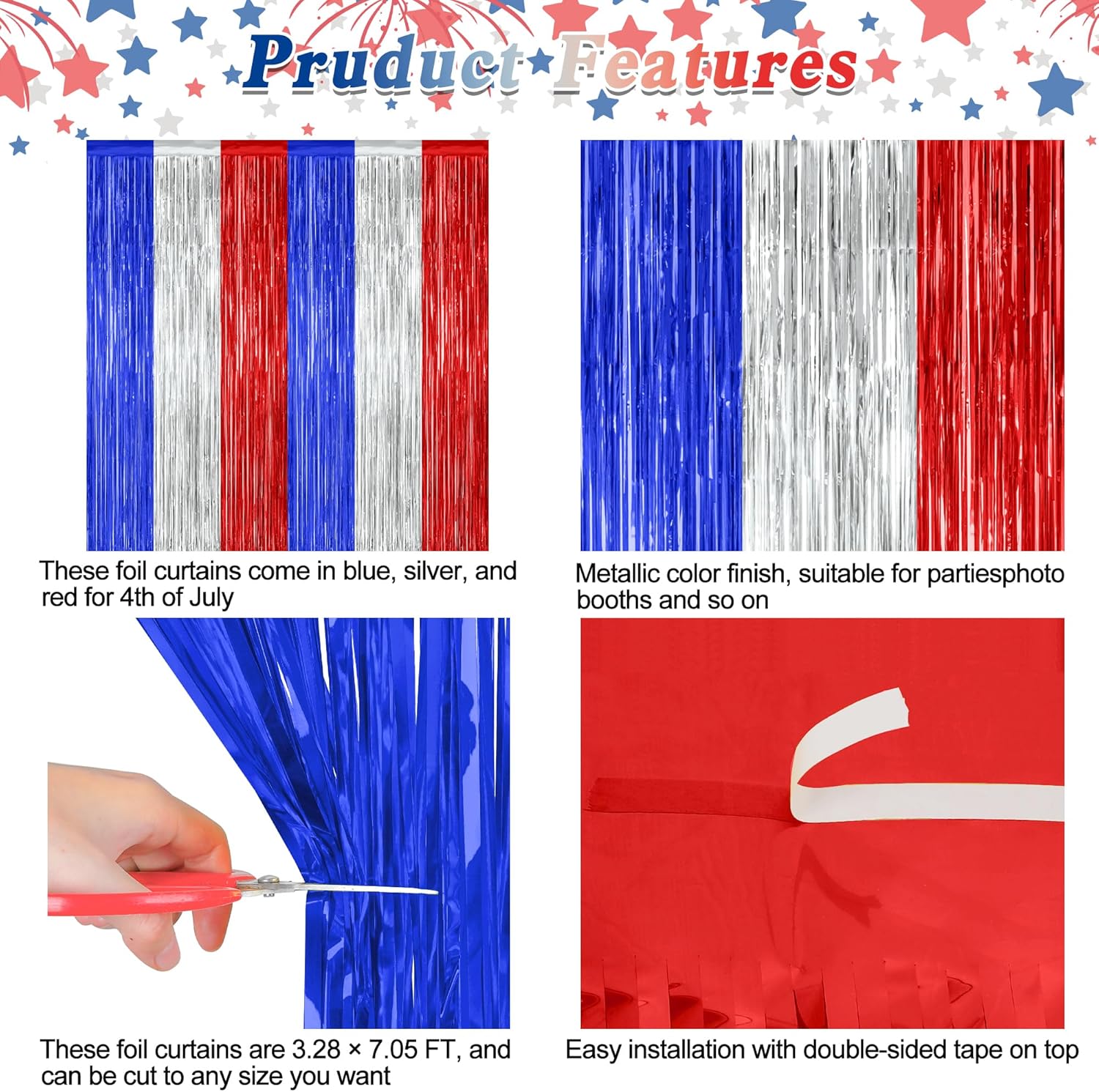 2 Pack 4th of July Party Supplies, 3.28 FT x 7.05 FT 4th of July Tinsel Backdrop, Blue Silver Red