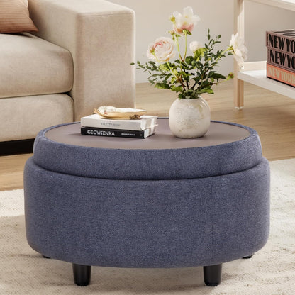 COLAMY Fabric Round Storage Ottoman with Reversible Tray Lid – Multi-Functional Footrest, Hidden