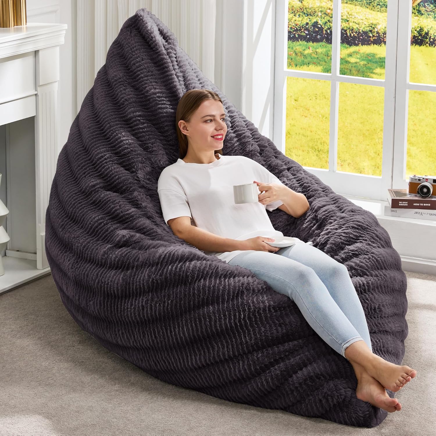 Hobestluk 3 in 1 Bean Bag Chair Giant Bean Bag Chairs for Adults with Ripple Cover Convertible Bean