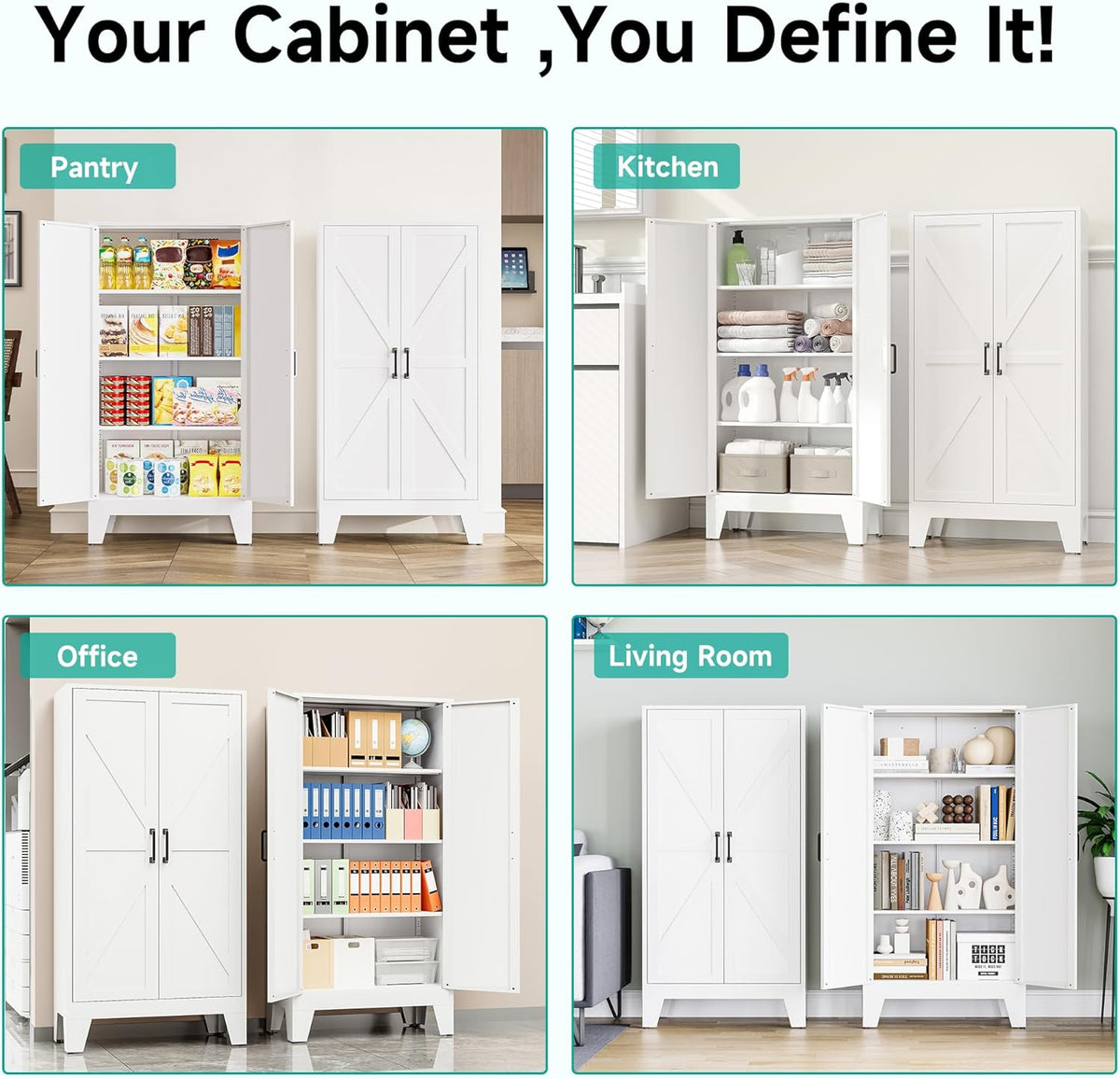 SISESOL Metal Storage Cabinet with 2 Doors and 3 Shelves,White Pantry Storage Cabinet with