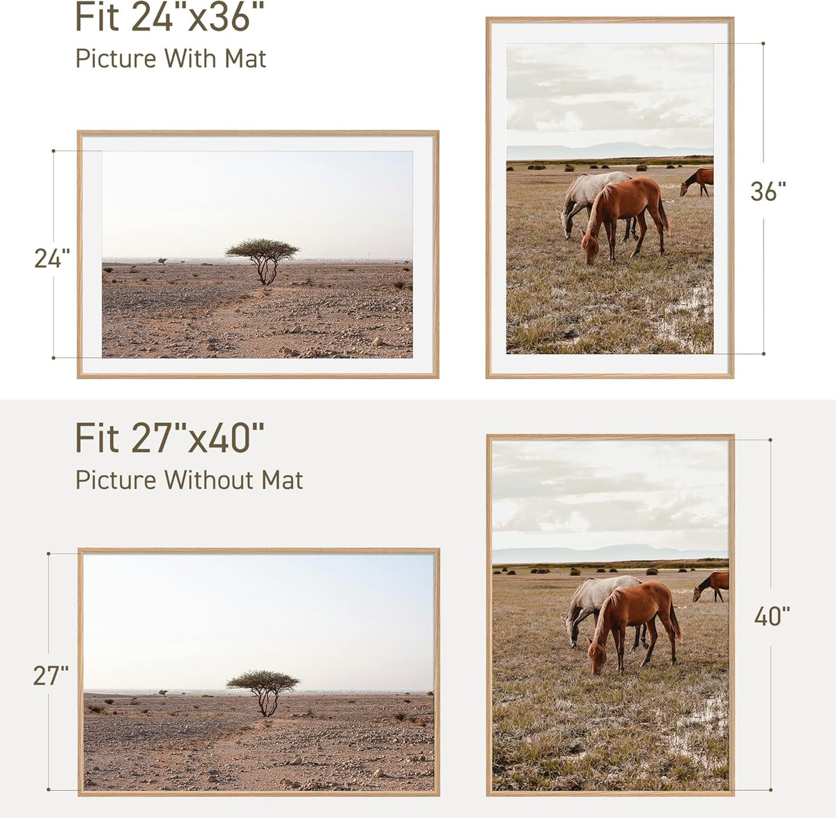 27x40 Poster Frame Set of 2 Natural Solid Oak Photo Frames with 24x36 Removable Mat Wall Hanging