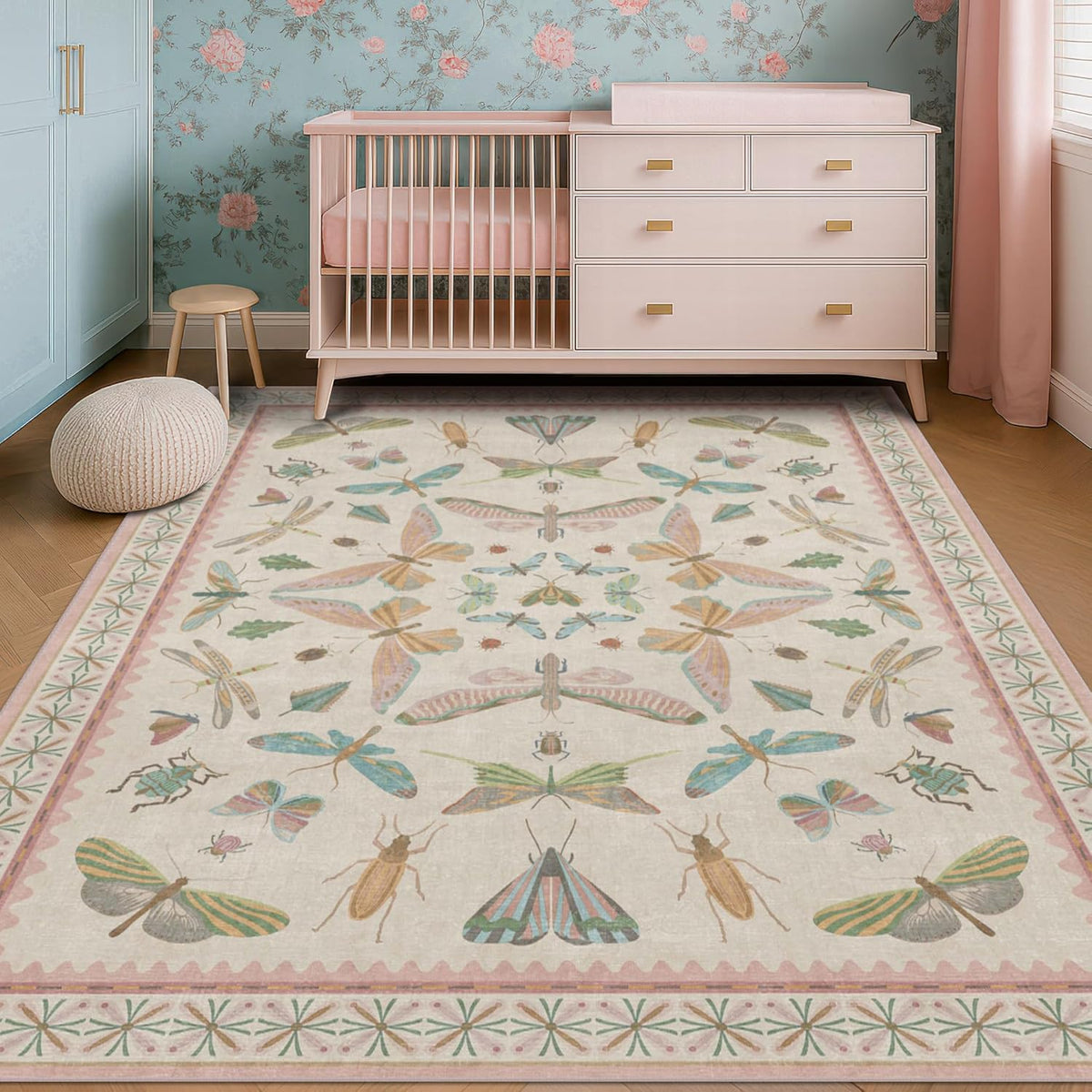 Washable 5x8 Light Pink Rug for Bedroom - Pink Boho Girl Nursery Rug, Living Room, Nature Insect