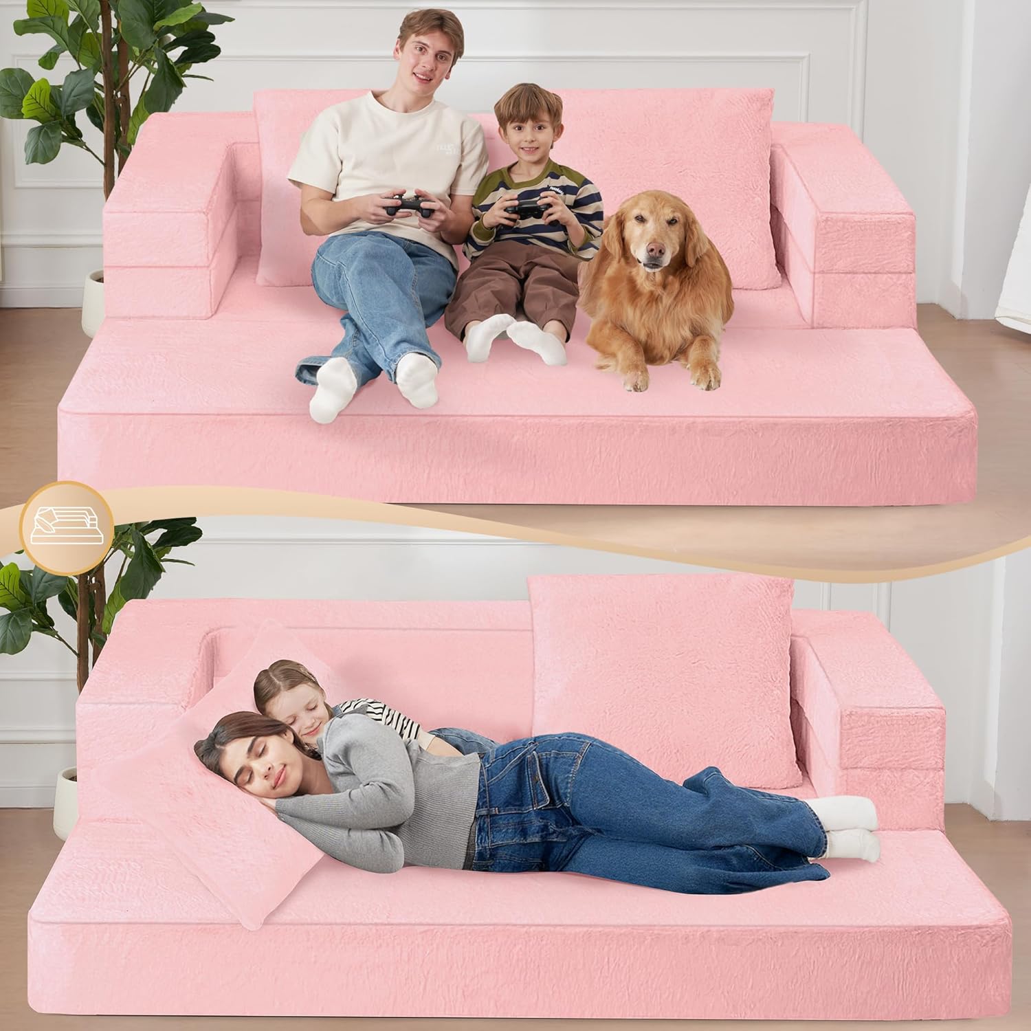 Folding Bean Bag Chair for Adults,3-in-1 Bean Bag Couch Faux Fur Floor Sofa Large Beanbag