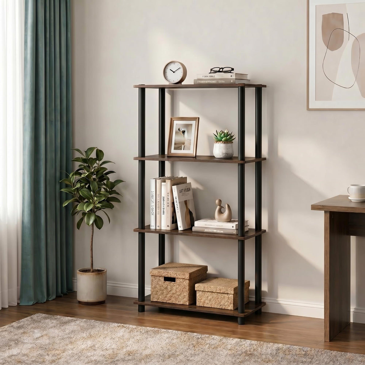 Furinno Turn-N-Tube Storage Shelves, 4-Tier Book Shelf, Corner Shelf, Toolless Open Shelves, for