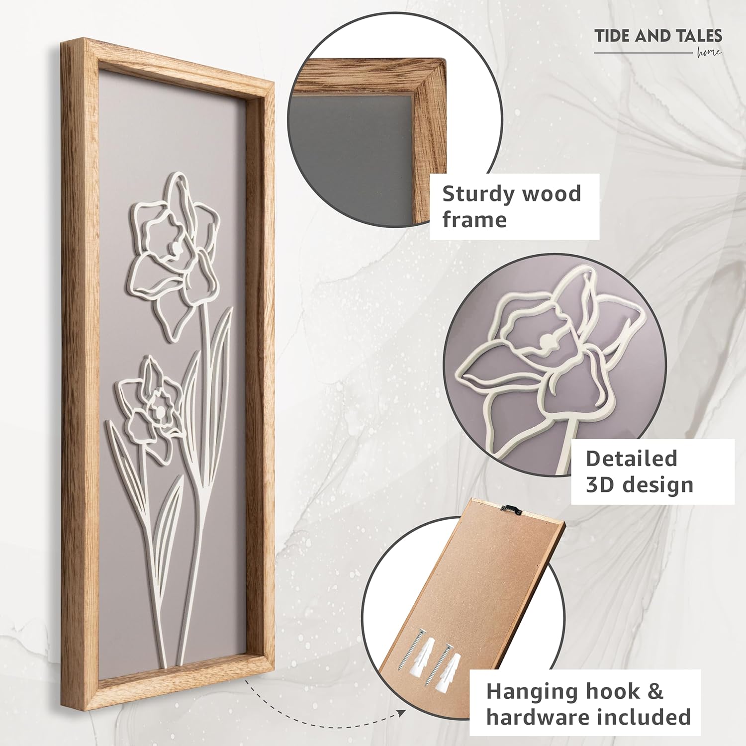 3D Wooden Floral Bathroom Wall Decor (Set of 4) Lightweight, Ready-to-Hang Framed Wall Art For
