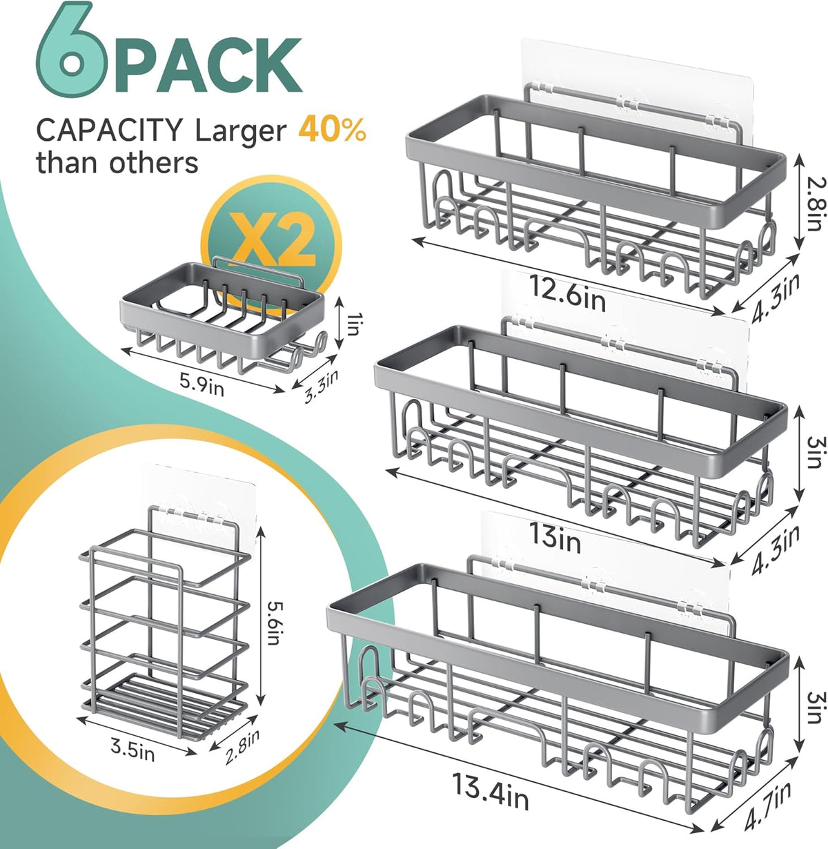 Veken 6-Pack Rustproof & Waterproof Shower Caddy, Adhesive Shelves Rack, Large Capacity Bathroom