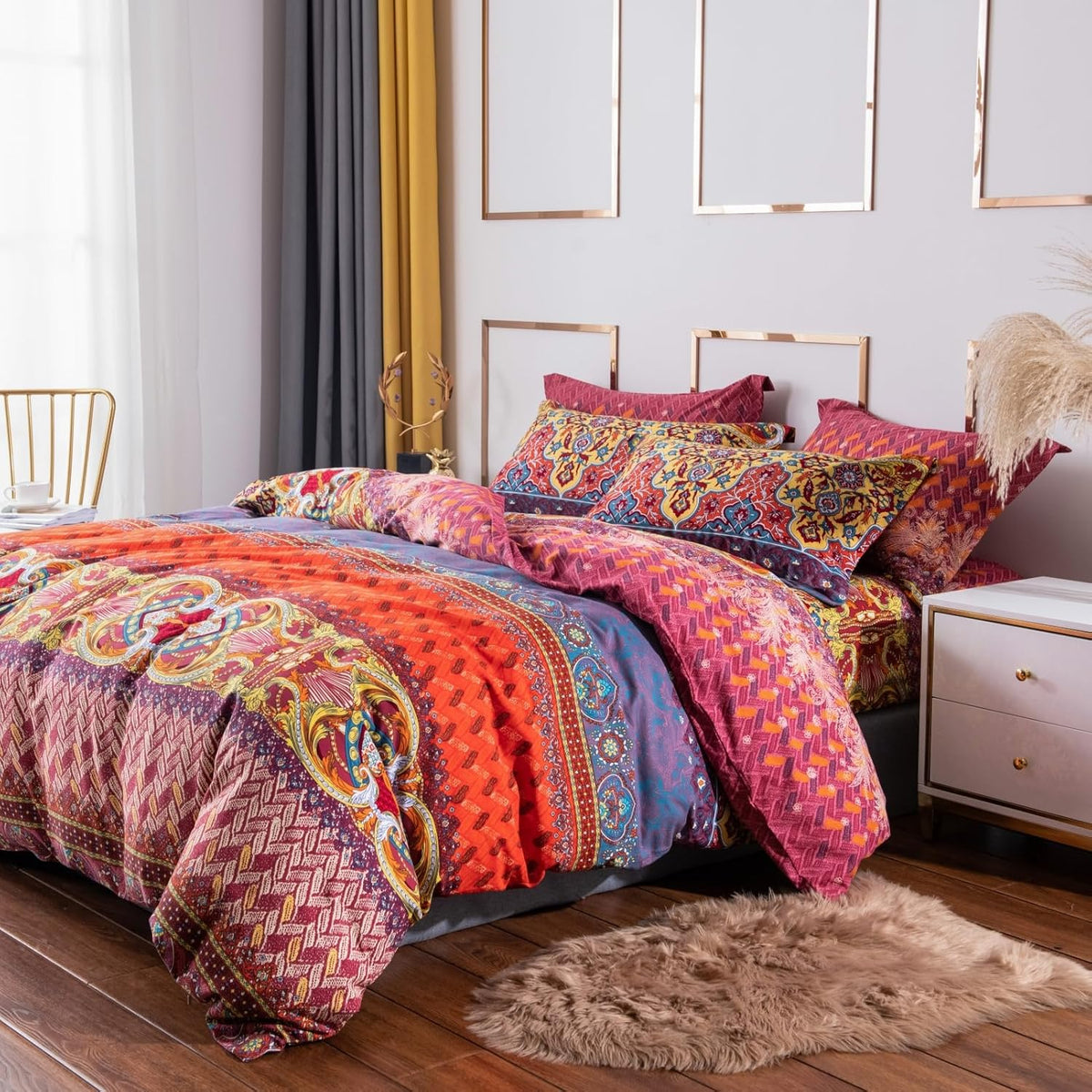 ABREEZE Bohemian Duvet Cover Set Colorful Orange Boho Retro Bedding Set Damask Paisley Cotton Duvet