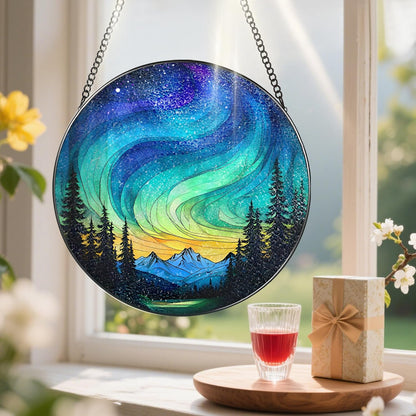 Stained Glass Window Hanging - 8 Inch Northern Lights Suncatcher for Window Doors Home Decoration