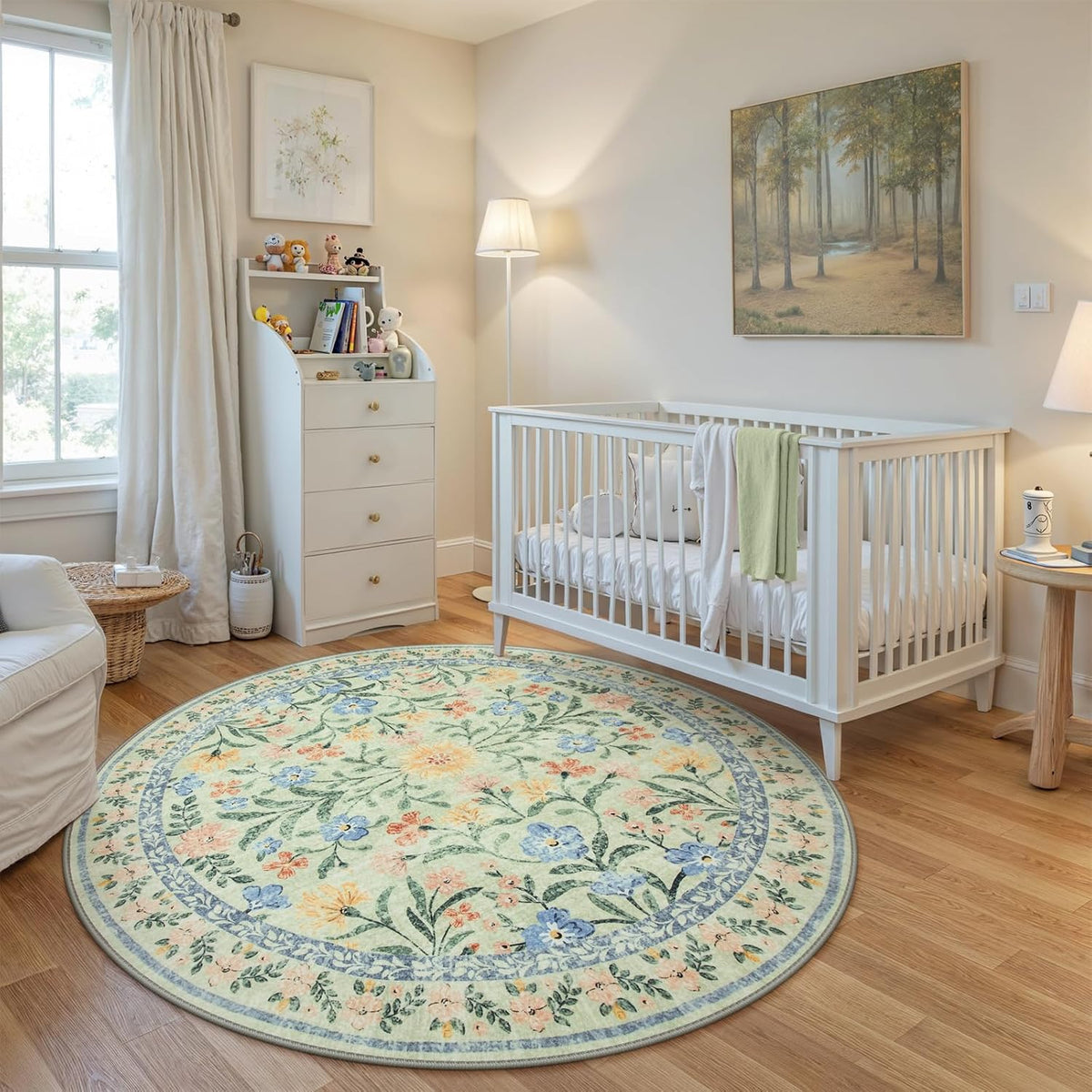 Wonnitar Washable Floral Round Rug, 6ft Sage Green Round Area Rugs for Bedroom Nursery, Boho