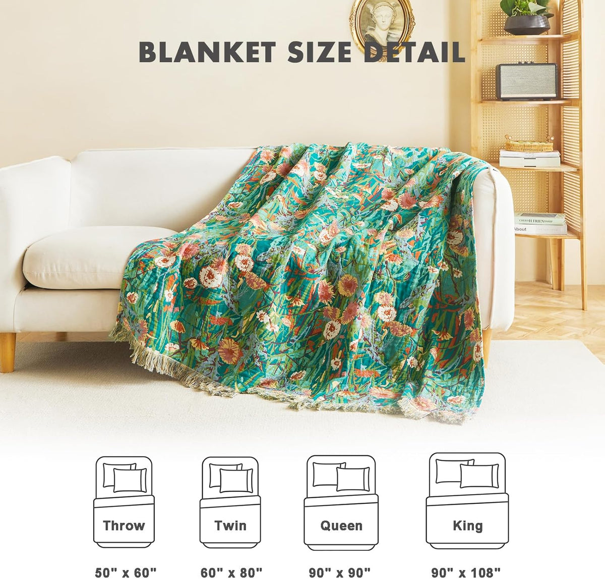MSGKV Boho Throw Blanket for Bed Twin Size Cotton Muslin Breathable Floral Blanket 60"x80" Sofa