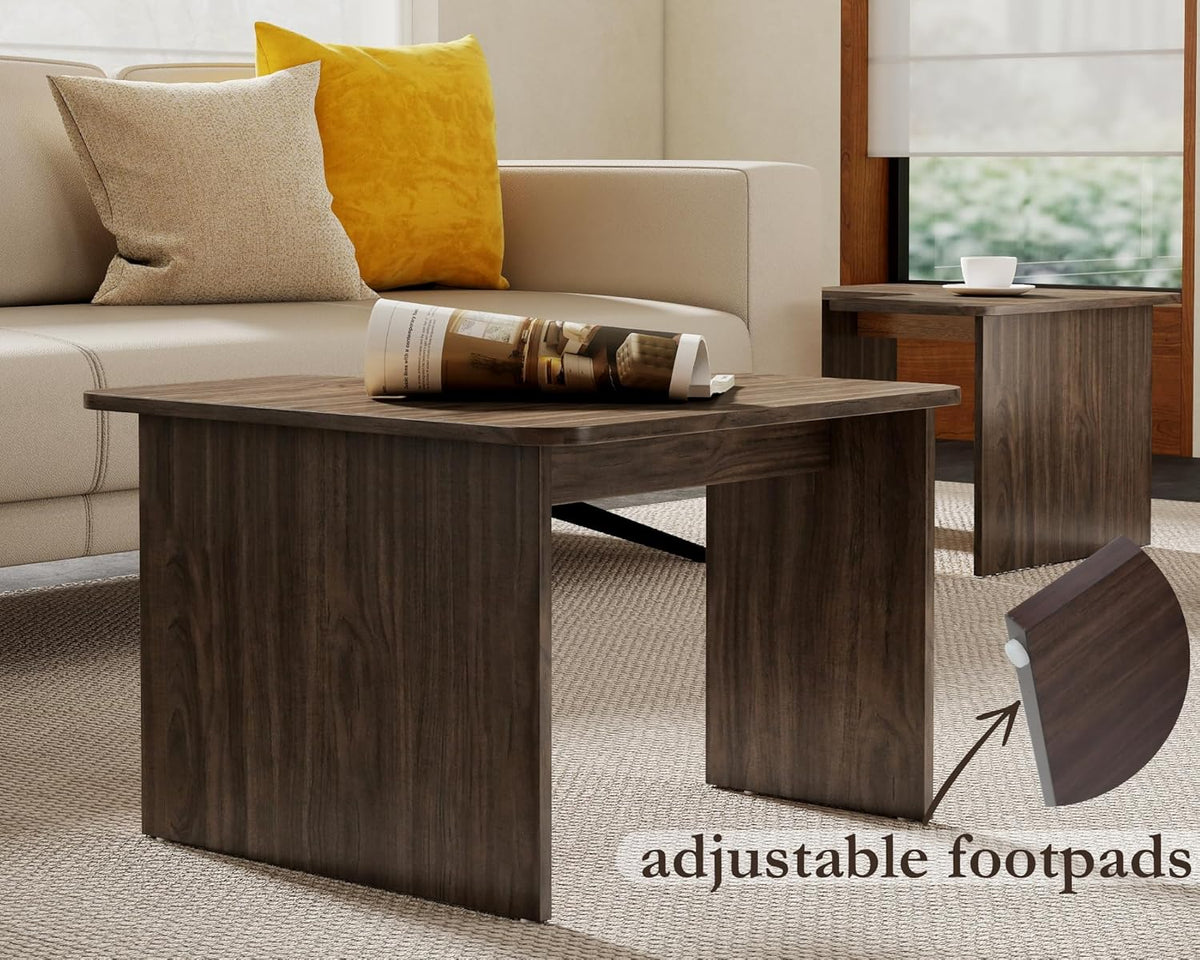 VESCASA Modern L Shaped Nesting Coffee Table Set of 2 Modular Rectangle Walnut Wood Table for