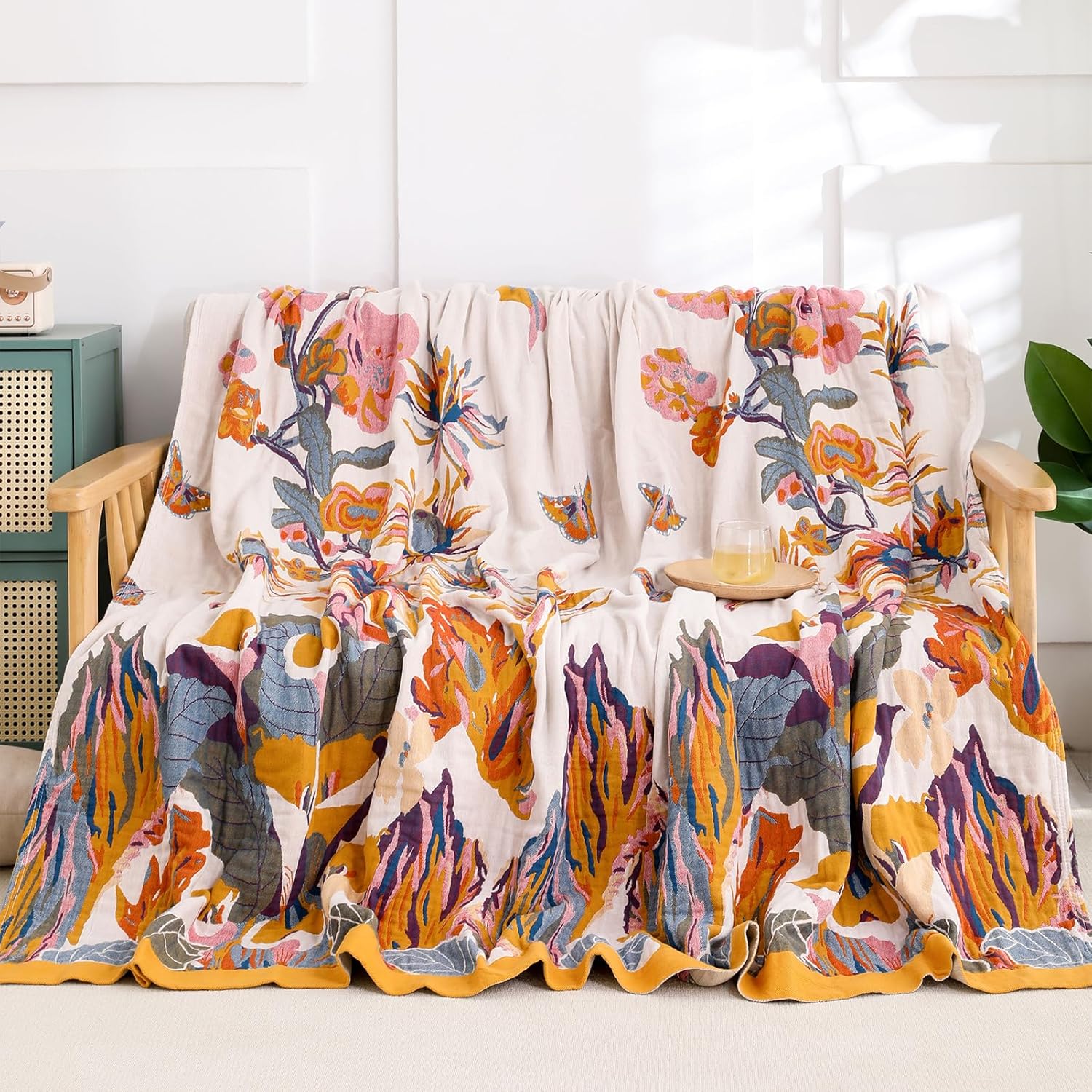 Snycler Boho Throw Blanket for Bed - 100% Cotton Ultra Soft Rustic Quilt - Watercolour Floral