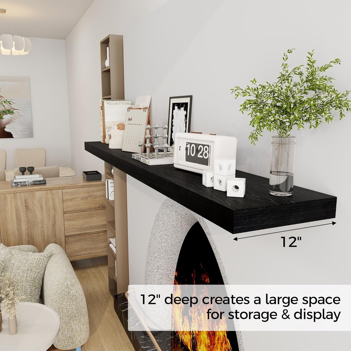 Fun Memories 72 Inch Floating Shelf, 12 Inch Deep Wall Shelf for Fireplace Mantel, Deep Storage