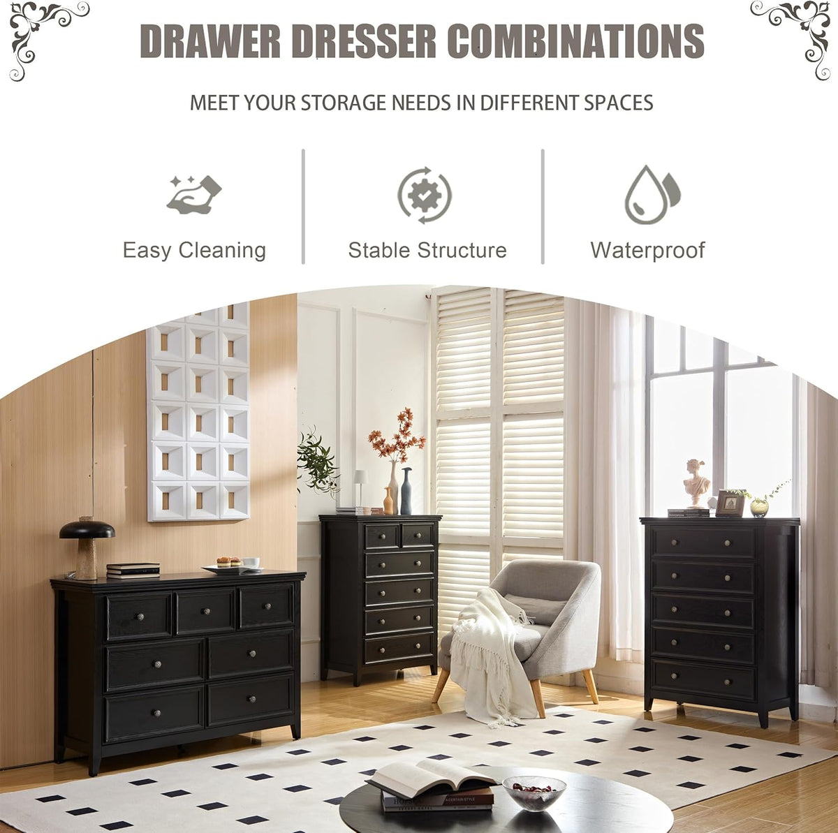 BLANKSPACE Black 5 Drawer Dresser, Modern Dresser for Bedroom, Wood Drawer Organizer with Metal