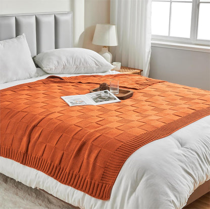 CozeCube Check Knit Throw Blanket, Rust Orange Checkered Throw for Couch, Decorative Christmas Soft