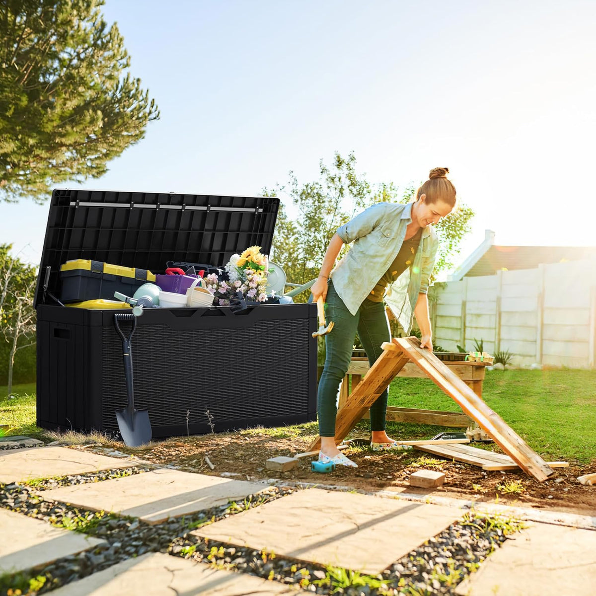 Greesum 100 Gallon Resin Deck Box Lockable Large Outdoor Storage Boxes for Garden Tools, Patio
