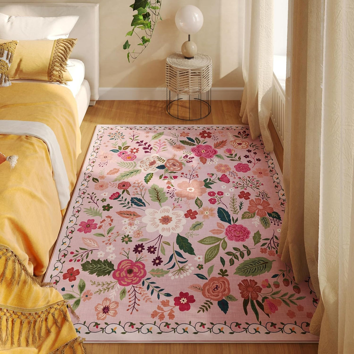 Bedroom Rug 3x5 Rug Washable Area Rug Non Slip Low Pile Boho Floral Small Carpet for Bedroom