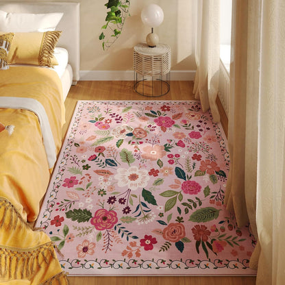 Bedroom Rug 3x5 Rug Washable Area Rug Non Slip Low Pile Boho Floral Small Carpet for Bedroom
