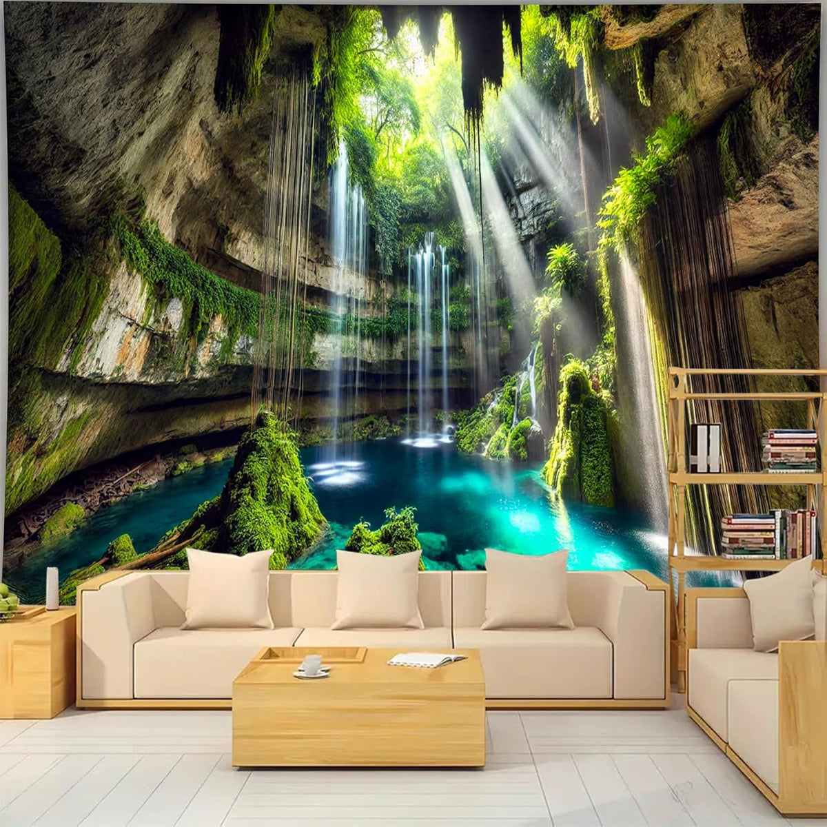 BSFHH Nature Tapestry Forest Tree Sea Cave Wall Hanging, Stream Through Rainforest Landscape Wall