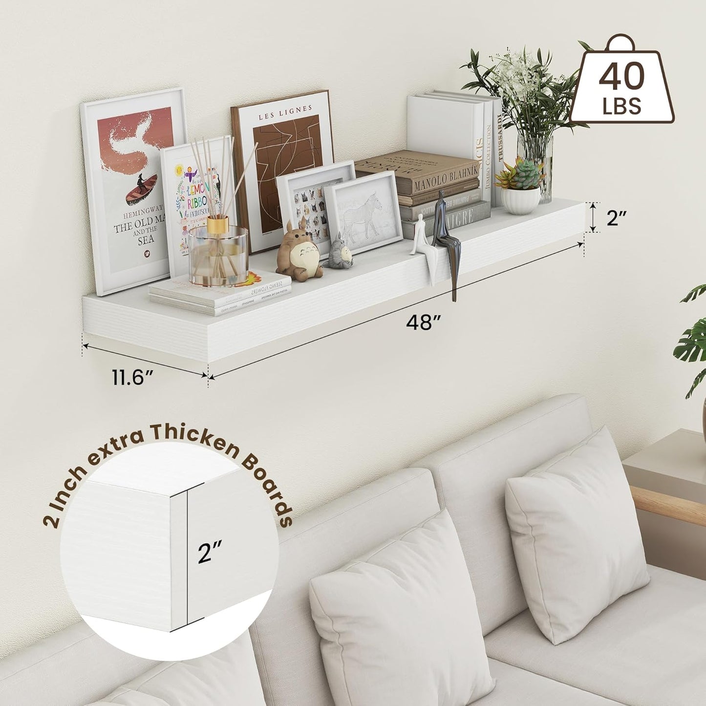 White Floating Shelves for Wall - 48 Inch Wide x 12 Inch Deep Wall Shelves Set of 1 - Rustic Wood