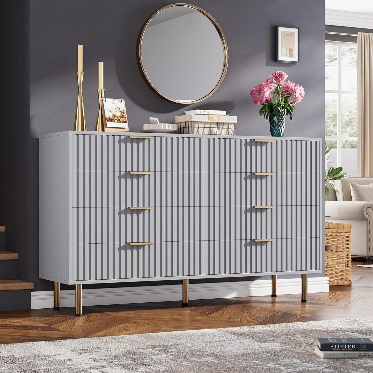 8 Drawer Dresser for Bedroom, Fluted 55" Wide Modern Chest of Drawers with Deep Drawers, Long Large