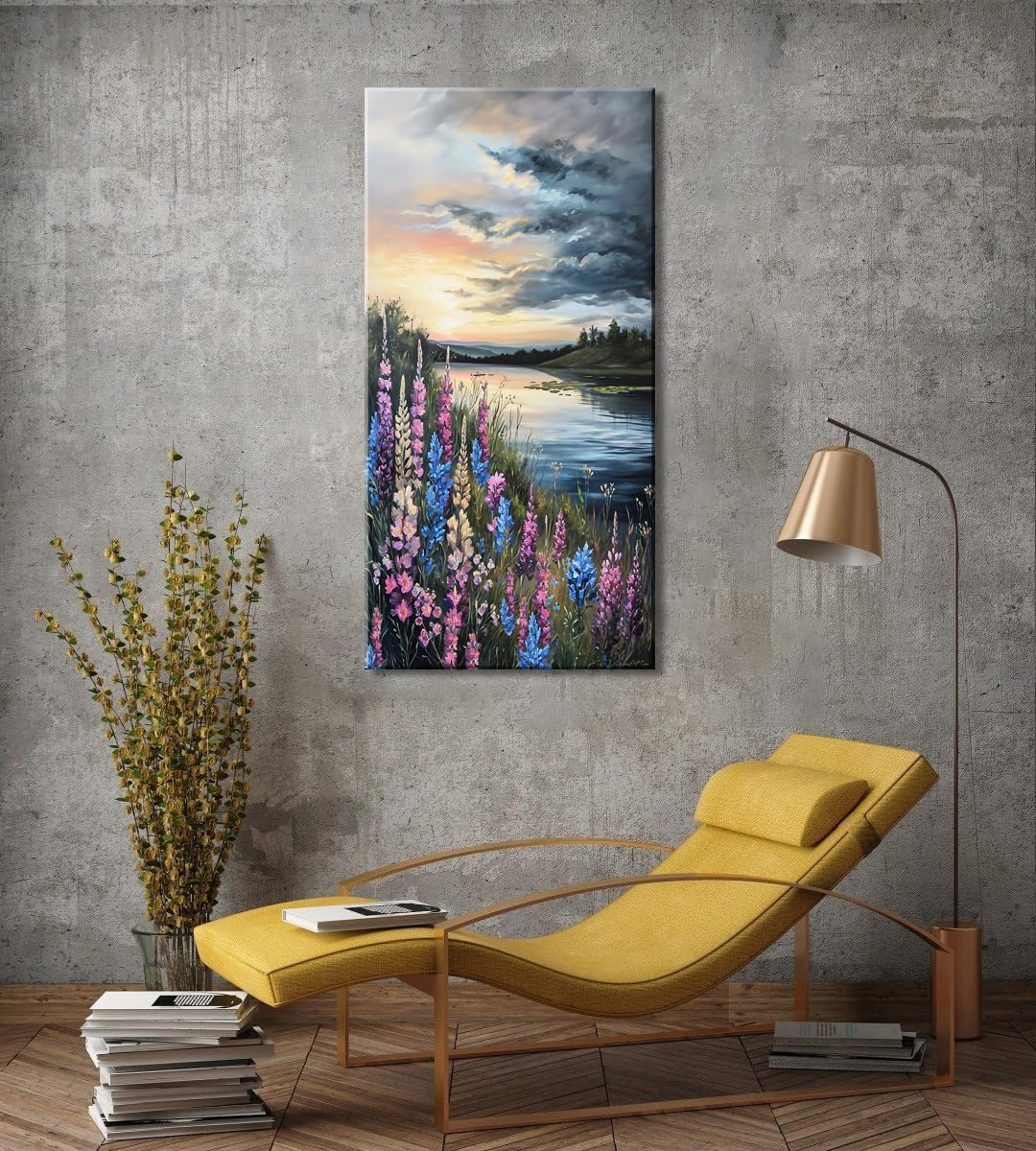 LASMOND Beautiful Colorful Grassland by Riverbank Landscape Wall Art Decor Artwork for Bedroom