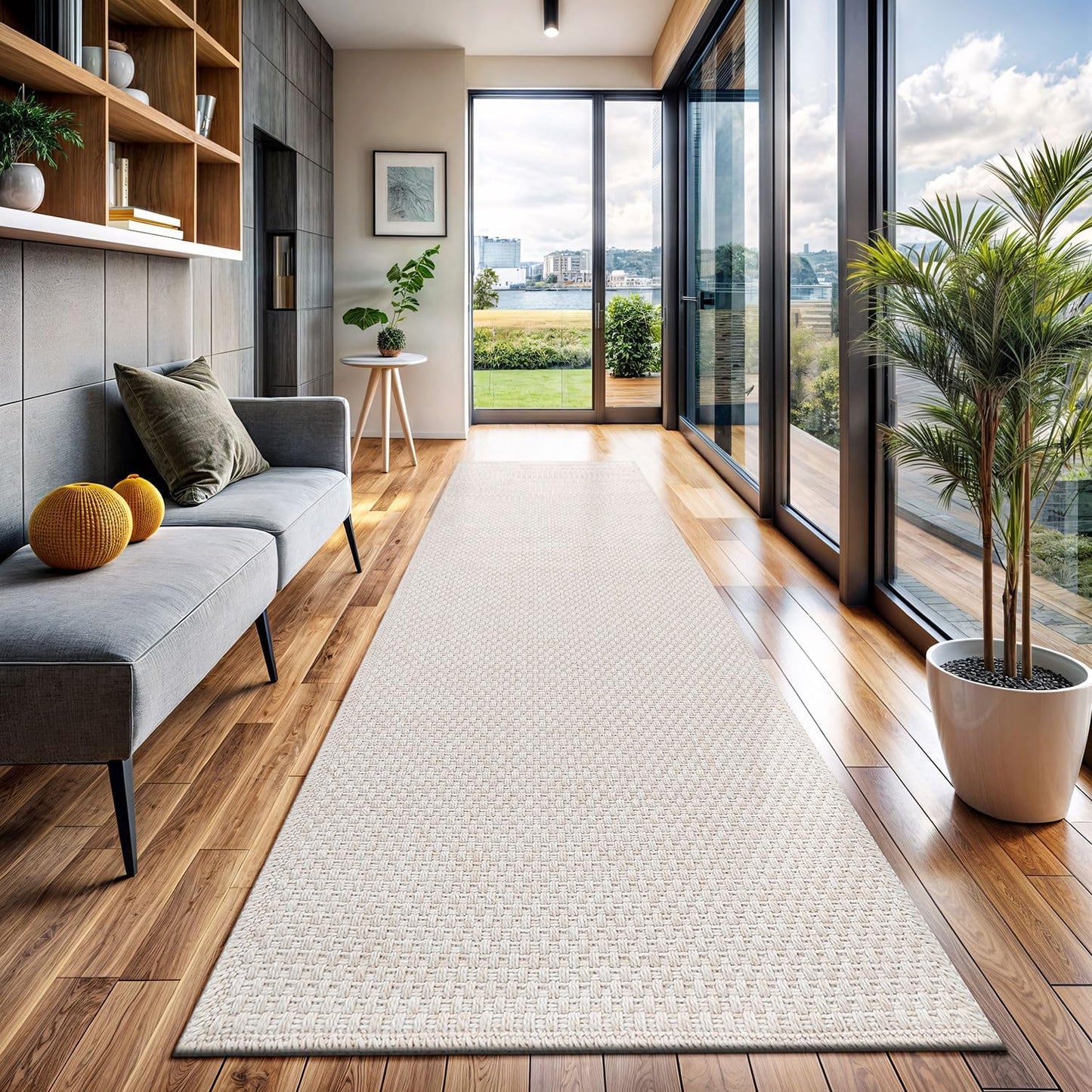 CAMILSON Indoor and Outdoor Runner Rug Off-White Solid Woven Design Easy-Cleaning Non Shedding