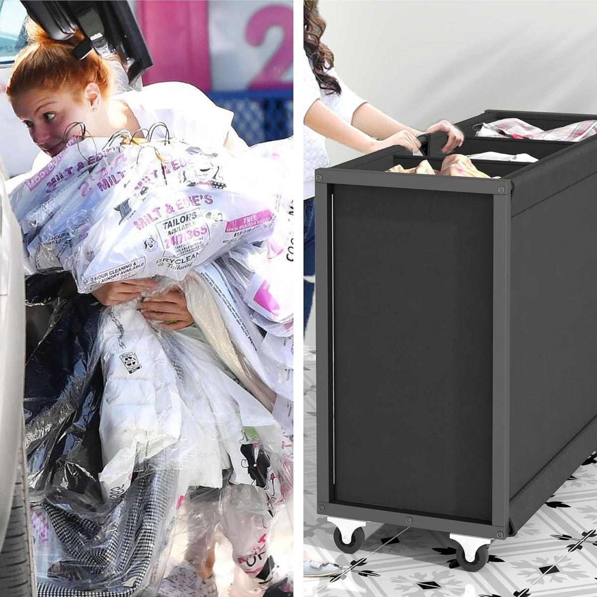 L Shaped Laundry Hamper Laundry Basket with 3 Section Pull-Out Rolling Bags & 3-Tier Storage Shelf