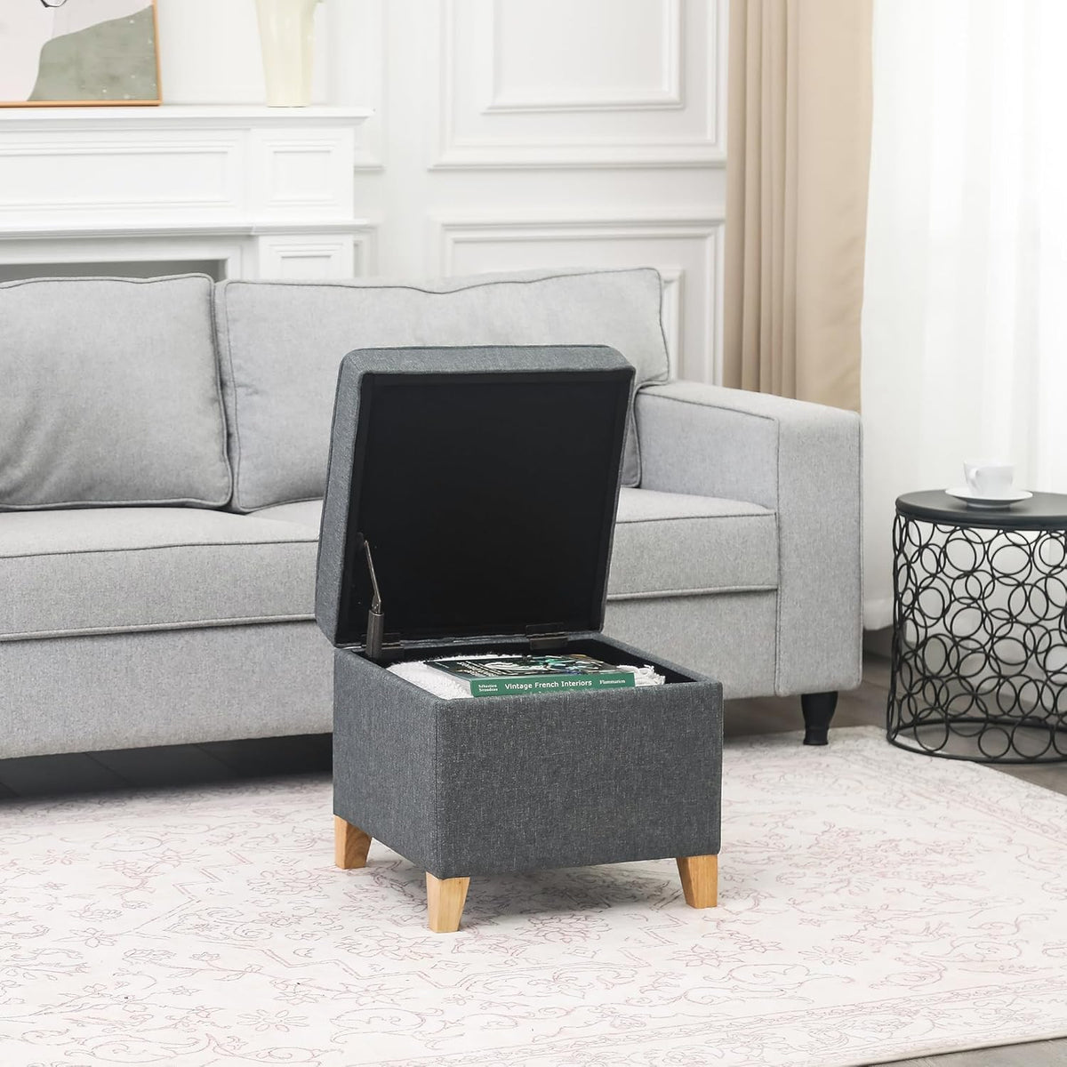 Adeco 17.5" Square Fabric Ottoman with Storage, Upholstered Cotton Linen Foot Rest, Flip Top