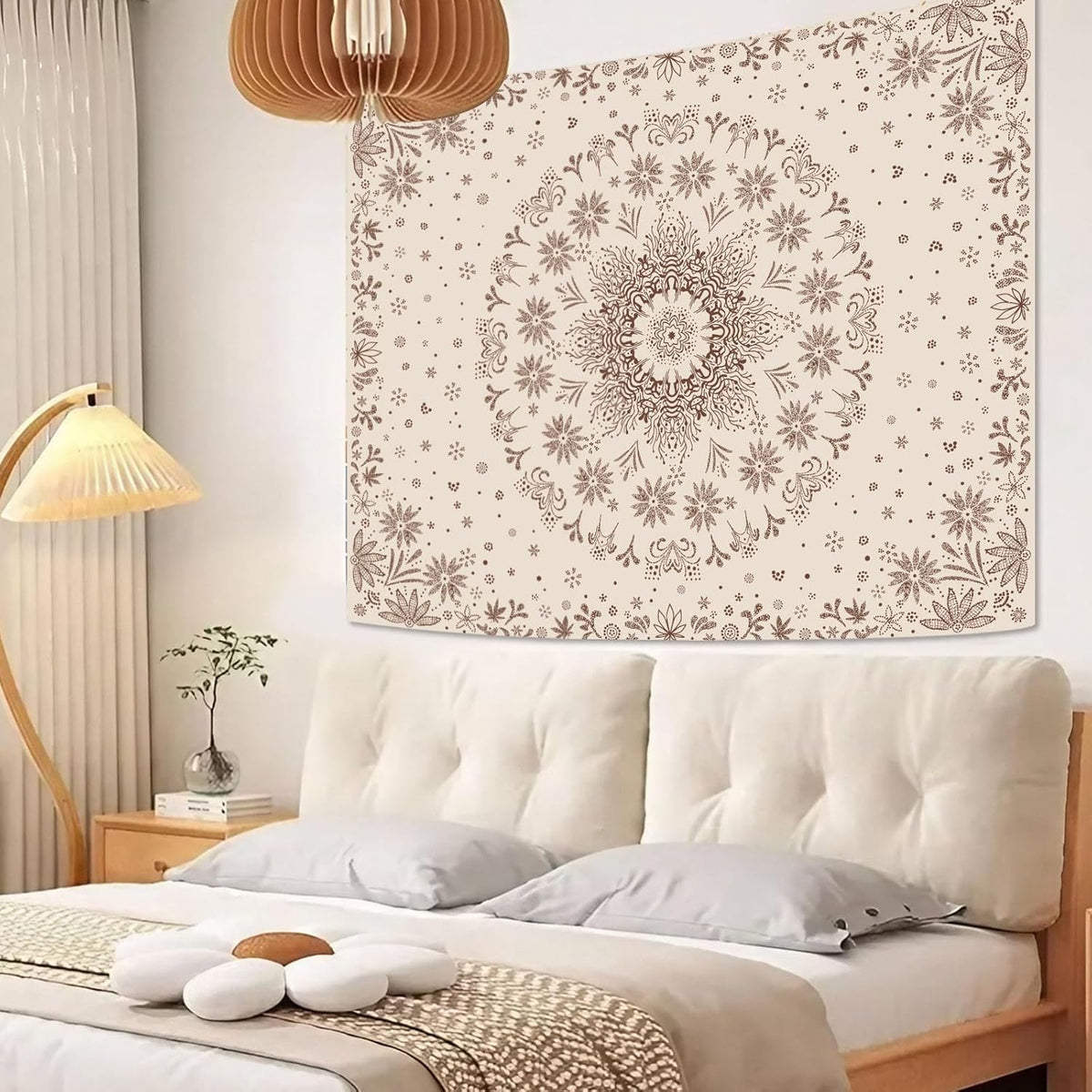 Fowocu Boho Floral Mandala Tapestry Wall Hanging Bohemian Flower Medallion Tapestry Aesthetic Beige