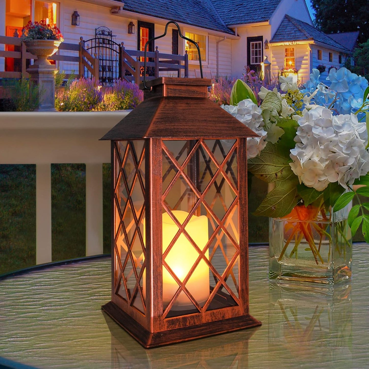 [2 Pack] TAKE ME 14" Solar Lantern Outdoor Garden Hanging Lantern Waterproof LED Flickering