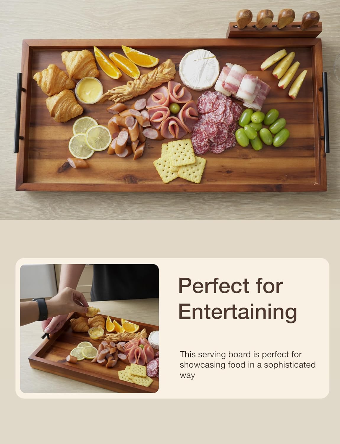 24" Large Charcuterie Tray with Handles, Extra Long Wooden Serving Cheese Boards - Serving Platter
