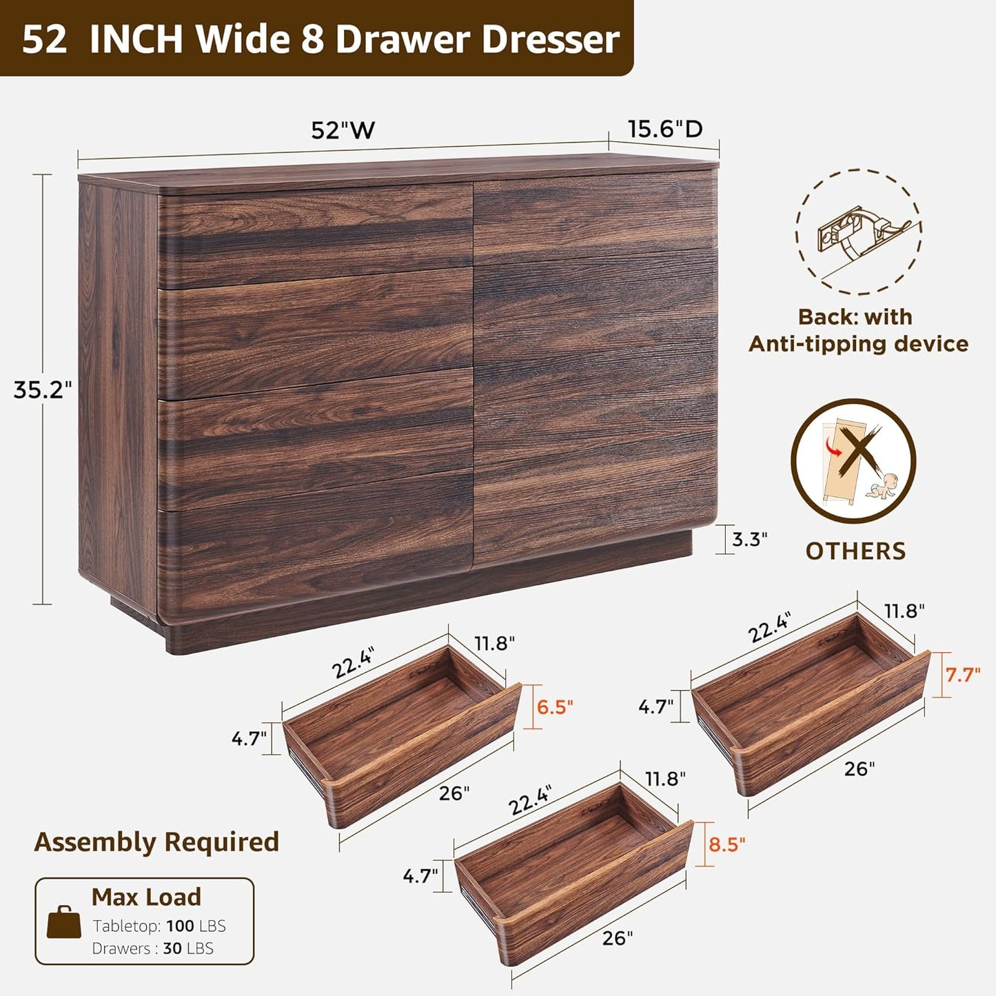 8 Drawer Dresser for Bedroom, 52 Inch Wide Modern Chest of Drawers, Push-to-Open Wood Storgae