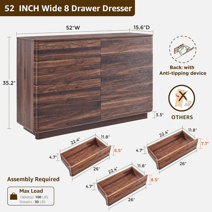 8 Drawer Dresser for Bedroom, 52 Inch Wide Modern Chest of Drawers, Push-to-Open Wood Storgae