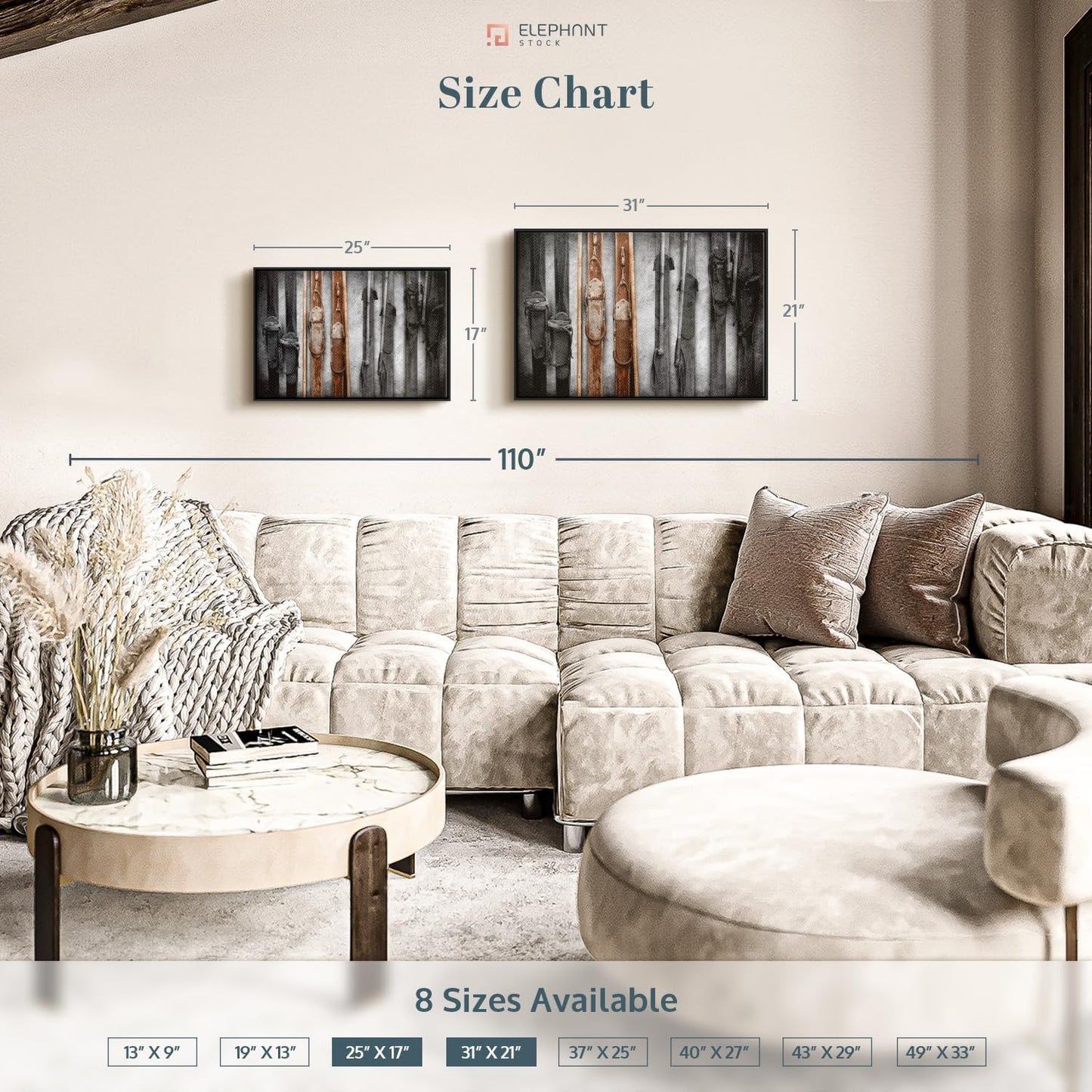 ElephantStock Ski Collection Wall Art - Horizontal Framed Canvas - 1-Piece Bathroom Wall Decor