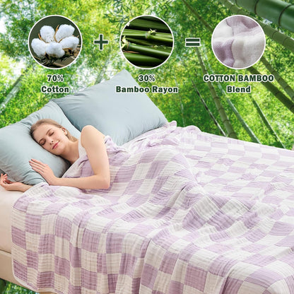 EMME Checkered Cotton Blanket Twin Large 60"x80" 100% Muslin for Couch Breathable Cooling Gauze All